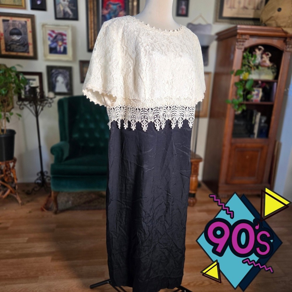 Vintage 90s Jeffrey & Dara Ivory Lace Black Maxi Dress Plus Made in USA